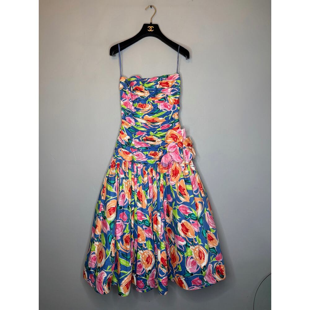 Vintage 80s Victor Costa Floral Strapless Ruched Cocktail Party Dress Size XS